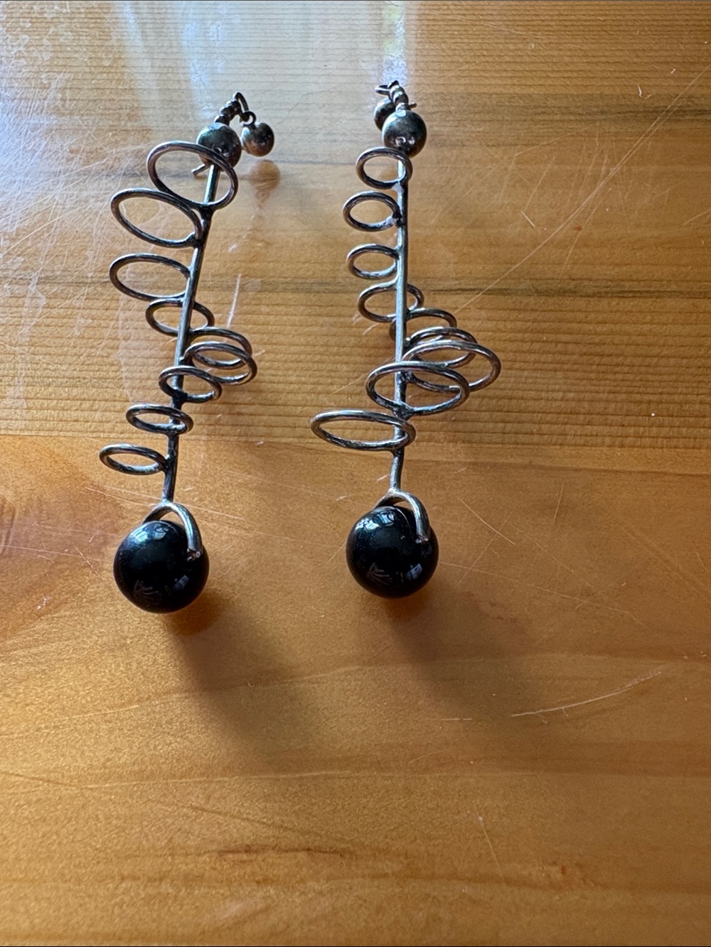 Silver-Tone Spiral Drop Earrings with Black Bead Accent - Picture 4 of 4